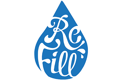 REfill logo. blue water droplet with the Word Refill in white