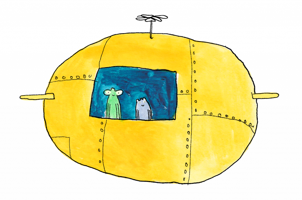 drawing of yellow spaceship with two aliens inside